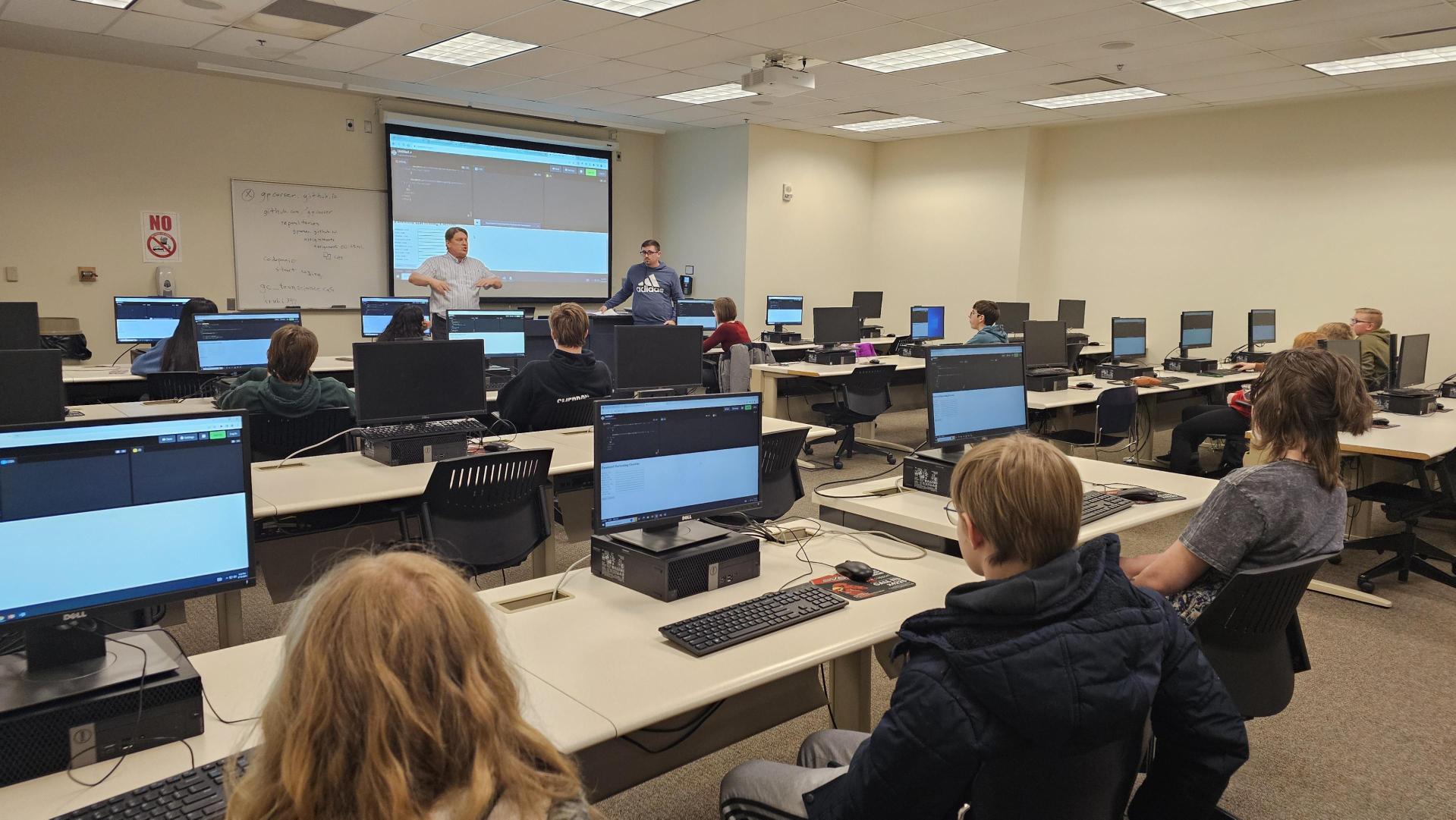 Students engaging with SVSU professor.